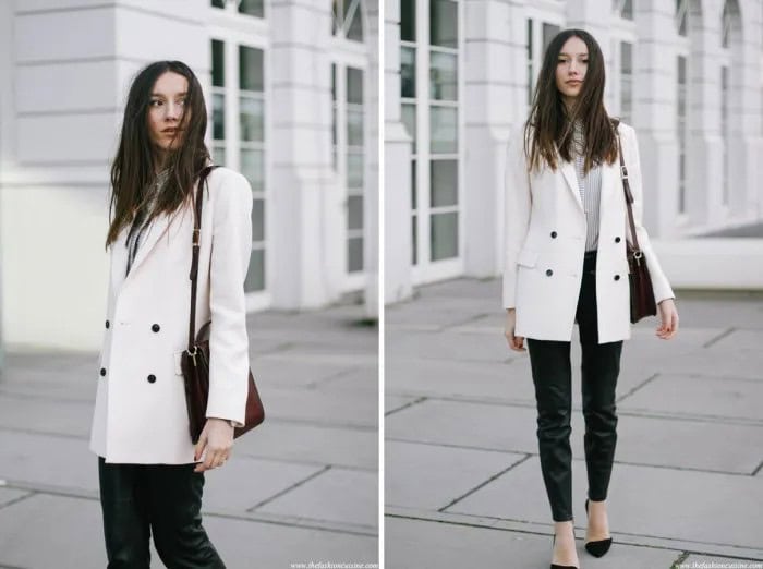 White Double Breasted Long Blazer with Grey Sweater & Black Jeans