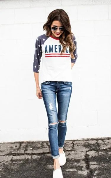 Black and White American Flag Baseball Tee with Ripped Skinny Jeans