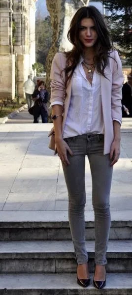 Wear with White Button Up Shirt & Beige Blazer