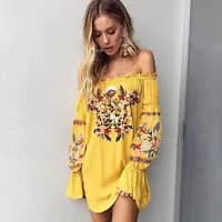 Mustard Yellow Off The Shoulder Floral Printed Shirt Dress