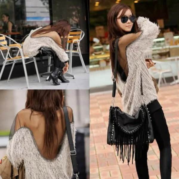 Fuzzy Two-Toned Open Back Sweater with Black Skinny Jeans